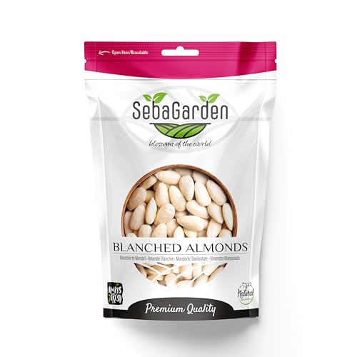 Seba Garden Blanchierte ganze Mandeln, 1000 g– gentechnikfrei, roh, nicht pasteurisiert, ungesalzen, Keto, Paleo, koscher, Bulk, reich an Proteinen, Ballaststoffen, Backmandeln, Kupfer (1 Kg) von Seba Garden