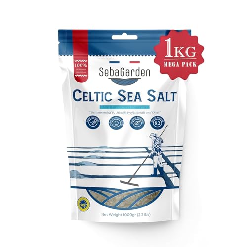 Seba Garden Keltisches Meersalz grau, 1 kg zertifizierter organischer wiederverschließbarer Beutel mit grauem Meersalz, handgeerntet, enthält über 82 essentielle Mineralien (1 kg, Original) von Seba Garden