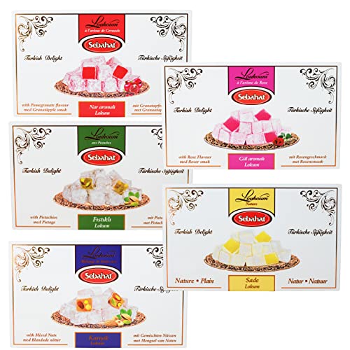 Sebahat - Turkish Delight Lokum 5er Set - Türkischer Honig mit Granatapfel, Rose, Natur, gemischten Nüssen und Pistazien im Set, 4x 500 g 1x Rose 400 g von Sebahat