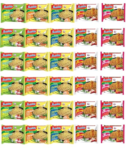 INDOMIE, Instant Nudeln Box, 30 verschiedene Sorten von Indomie Mi Goreng Pedas, Shrimps, Huhn, Gemüse Geschmack (30er Pack) von Sebuya