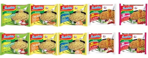 INDOMIE, Instant Nudeln Box, 5 verschiedene Sorten von Indomie Mi Goreng Pedas, Shrimps, Huhn, Gemüse Geschmack (10er Pack) von Sebuya