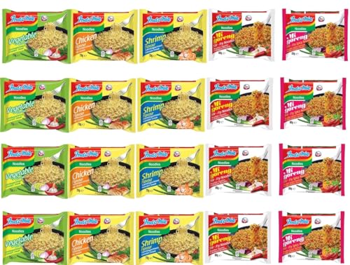 INDOMIE, Instant Nudeln Box, 5 verschiedene Sorten von Indomie Mi Goreng Pedas, Shrimps, Huhn, Gemüse Geschmack (20er Pack) von Sebuya