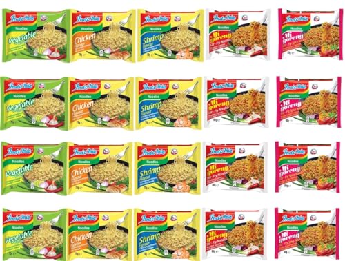 INDOMIE, Instant Nudeln Box, 5 verschiedene Sorten von Indomie Mi Goreng Pedas, Shrimps, Huhn, Gemüse Geschmack (20er Pack) von Sebuya