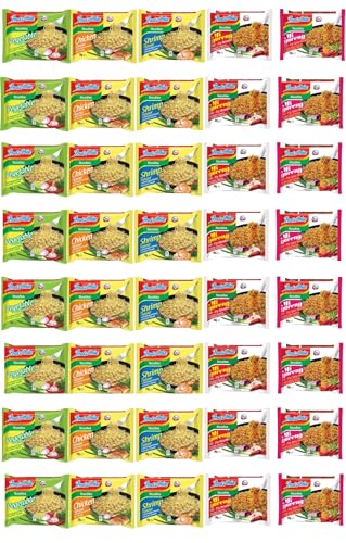 INDOMIE, Instant Nudeln Box, 5 verschiedene Sorten von Indomie Mi Goreng Pedas, Shrimps, Huhn, Gemüse Geschmack (40er Pack) von Sebuya