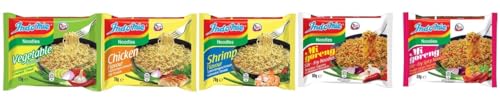 INDOMIE, Instant Nudeln Box, 5 verschiedene Sorten von Indomie Mi Goreng Pedas, Shrimps, Huhn, Gemüse Geschmack (5er Pack) von Sebuya