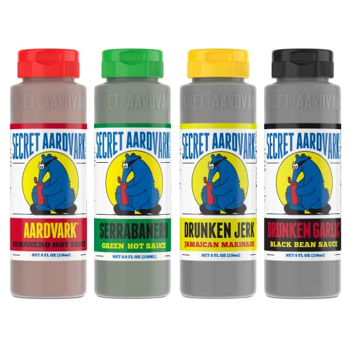 Secret Aardvark Hot Sauce Variety Pack - Serrabanero, Drunken Jerk, Drunken Garlic and Habanero Hot Sauce, Low Carb, Glutenfreie Hot Sauce & Marinade Geschenkset - 236.6 ml 4 Pack von Secret Aardvark