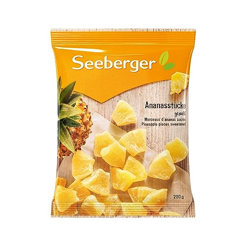 Seeberger Ananasstücke gesüßt 12er Pack: Bissfest, fleischig und fruchtig-süß von reifen goldgelben Ananas aus Südasien - zum Naschen, Snacken und Verfeinern - vegan (12 x 200 g) von Seeberger