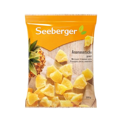 Seeberger Ananasstücke gesüßt 12er Pack: Bissfest, fleischig und fruchtig-süß von reifen goldgelben Ananas aus Südasien - zum Naschen, Snacken und Verfeinern - vegan (12 x 200 g) von Seeberger