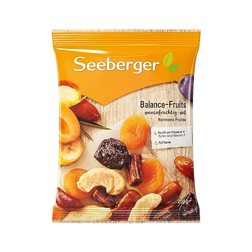 Seeberger Balance-Fruits: Edle Trockenfrucht-Mischung mit Aprikosen, Datteln, Pflaumen, Bananen- und Apfelstücken - leckerer Mix aus Trockenobst, vegan (12 x 200 g) von Seeberger