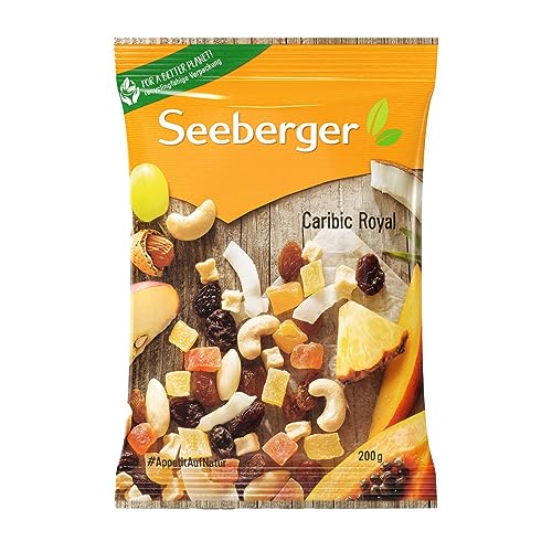Seeberger Caribic Royal 12er Pack: Süßer Mix aus Papaya, Ananas, Mango, Weinbeeren & Apfelwürfeln mit knackigen Kokoschips, Mandeln & Cashewkernen, vegan (12 x 200 g) von Seeberger