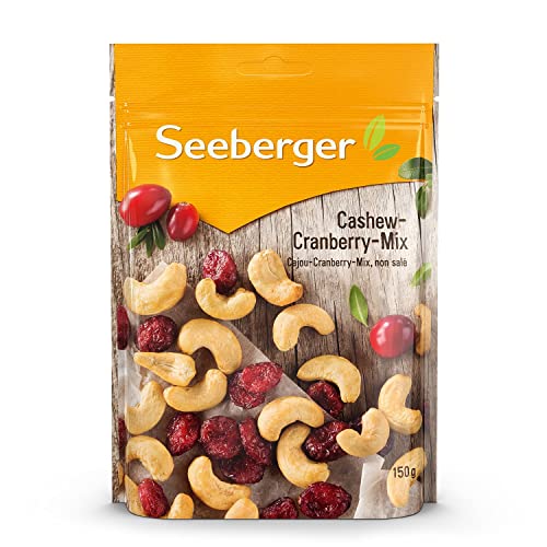 Seeberger Cashew-Cranberry-Mix 12er Pack, Knackige naturbelassene Cashewkerne mit Cranberries - süß-säuerliche Kombination - glutenfrei, vegan (12 x 150 g) von Seeberger