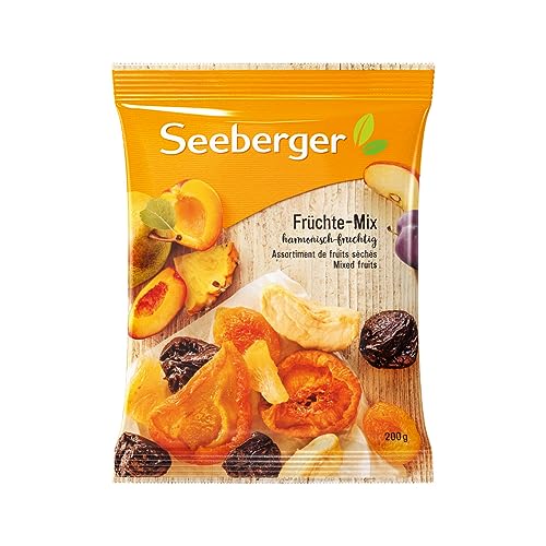 Seeberger Früchte-Mix 12er Pack, Harmonisch-fruchtige Mischung aus leckeren Birnen, Pfirsichen, Aprikosen, Pflaumen, Apfel- & Ananasstücken - entsteint, vegan (12 x 200 g) von Seeberger