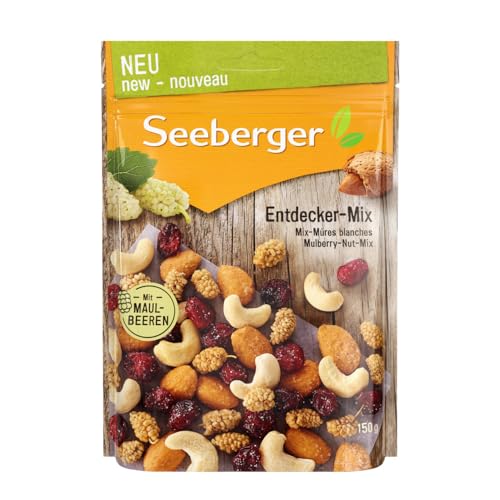 Seeberger Entdecker-Mix 12er Pack: Frucht-Nuss-Mischung aus knackigen Cashews, Cranbeeries und Honig-Salz-Mandeln - süss salzig - mit Maulbeeren (12 x 150 g) von Seeberger