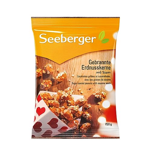 Seeberger Gebrannte Erdnusskerne mit Sesam, 12er Pack: Knackige karamellisierte Erdnüsse mit feinem Sesam ummantelt - intensives Aroma - glutenfrei, vegan (12 x 150 g) von Seeberger