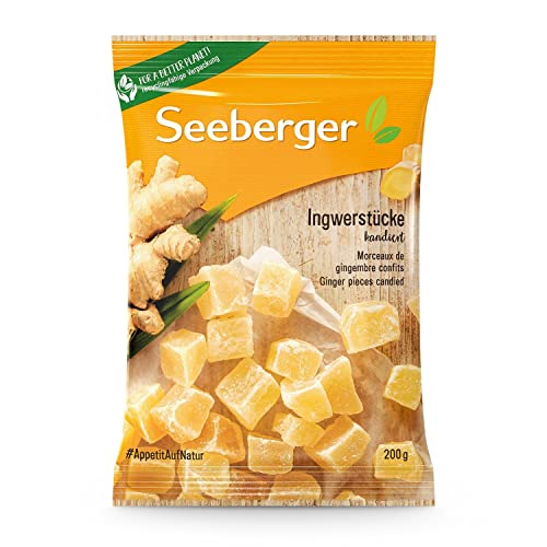 Seeberger Ingwerstücke kandiert: Scharfherbe Würfel der goldgelben Ingwerwurzel süß kandiert - zum Snacken, Dekorieren oder als Backzutat - vegan (1 x 200 g) von Seeberger