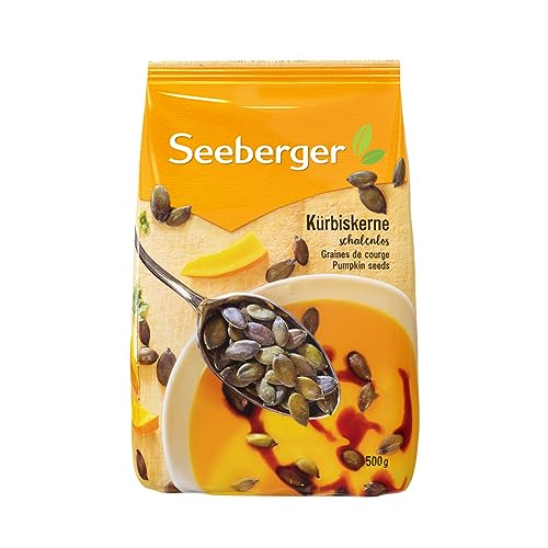 Seeberger Kürbiskerne schalenlos: Knackige, geschälte Kürbiskerne als Topping für Salate oder zum Snacken - naturbelassen, vegan (1 x 500 g) von Seeberger