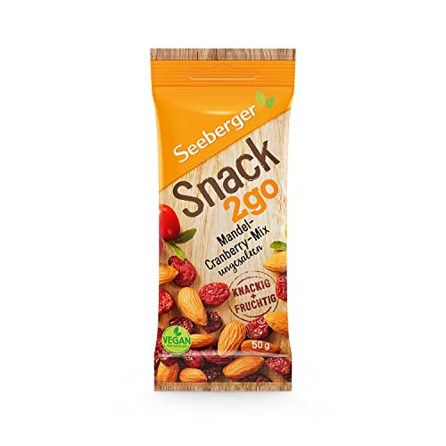 Seeberger Snack2go Mandel-Cranberry-Mix 12er Pack: Mix aus gerösteten Mandeln & getrockneten Cranberries - als Snack zum Mitnehmen - ohne Salzzusatz, vegan (12 x 50 g) von Seeberger