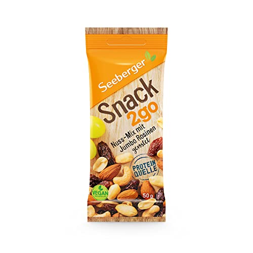 Seeberger Snack2go Nuss-Mix mit Jumbo Rosinen 12er Pack: Geröstete Nussmischung mit Mandeln, Cashews, Erdnüssen und Weinbeeren - als Snack für unterwegs, vegan (12 x 50 g) von Seeberger