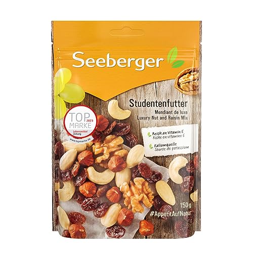 Seeberger Studentenfutter 5er Pack: Klassische Nuss-Frucht-Mischung aus Haselnusskernen, Mandeln, Walnüssen & Cashewkernen, mit Rosinen - reich an Vitamin E, vegan (5 x 150 g) von Seeberger