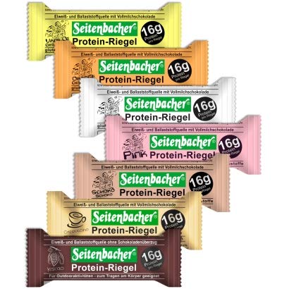 Seitenbacher 7er Pack Proteinriegel Cappuccino Vanille Orange Schoko Erdbeere Kakao Mix I 16g/60g = 27% Protein I glutenfrei I glycerinfrei I ( 7 x 60 g) von Seitenbacher