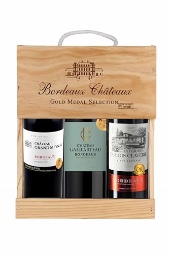 La Grande Vinothèque Selection Bordeaux - Wein Set Rotwein mit Goldmedaille in Holzkiste - Ideal als Geschenk - Herkunft : Frankreich (3 x 0.75 l) von NAZUSA