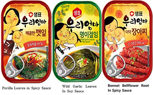 Koreanische Marinierte Sesamblätter in würziger Sauce + Wilde Knoblauchblätter in Sojasauce + Motorhaubenwurzel in würziger Sauce - koreanische Instant Food Banchan Beilagen (3 Aromen, 3 Packungen) von Sempio