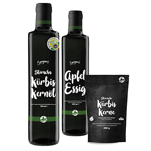 Steirisches Salat Geschenk-Set mit Kürbiskernöl 500ml, Apfelessig 500ml, Kürbiskerne 250g Steirisches Salat Geschenk-Set mit Kürbiskernöl 500ml, Apfelessig 500ml, Kürbiskerne 250g von Senger's