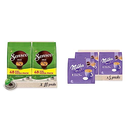 Senseo® Pads Mild - Milder Kaffee RA-zertifiziert - 10 Megapackungen XXL x 48 Kaffeepads & Milka Kakao Pads, 40 Senseo kompatible Pads, 5er Pack, 5 x 8 Getränke, 560 g von Senseo