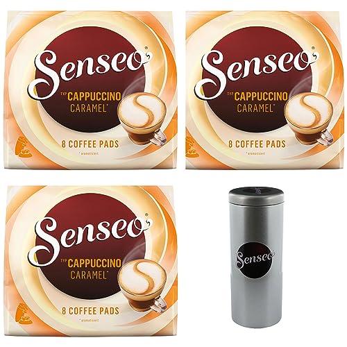 Senseo Kaffeepads Premium Set Cappuccino Caramel / Karamell, 3er Pack, Kaffee mit Karamellgeschmack, je 8 Pads, mit Paddose von Senseo