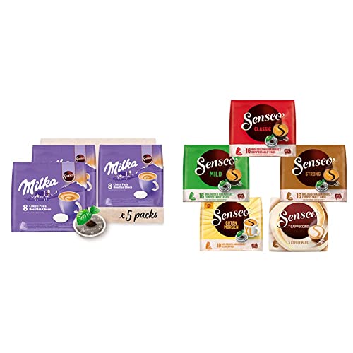 Senseo Milka Kakao Pads, 40 Senseo kompatible Pads, 5er Pack, 5 x 8 Getränke, 560 g & ®Pads Probierbox mit 5 Sorten - insgesamt 66 Kaffeepads im Vielfaltspaket von Senseo
