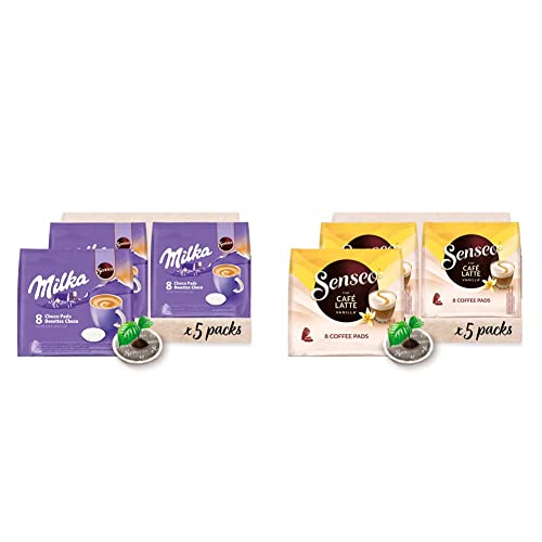 Senseo Milka Kakao Pads, 40 Senseo kompatible Pads, 5er Pack, 5 x 8 Getränke, 560 g & Pads Café Latte Vanilla, 40 Kaffeepads, 5er Pack, 5 x 8 Getränke, 460 g von Senseo