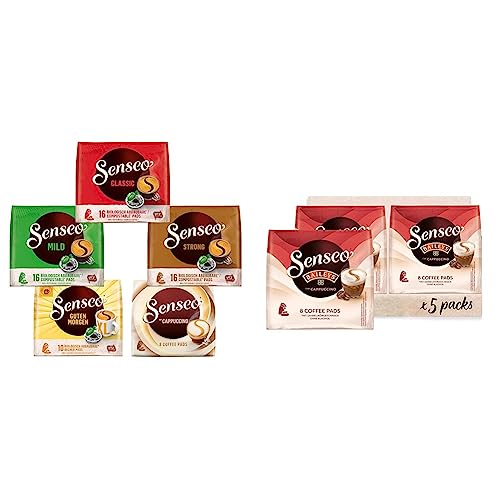 Senseo Pads, Probierbox mit 5 Sorten, 66 Kaffeepads, 5er Vielfaltspaket & Pads Typ Cappuccino Baileys, 40 Kaffeepads, 5er Pack, 5 x 8 Getränke, 460 g von Senseo