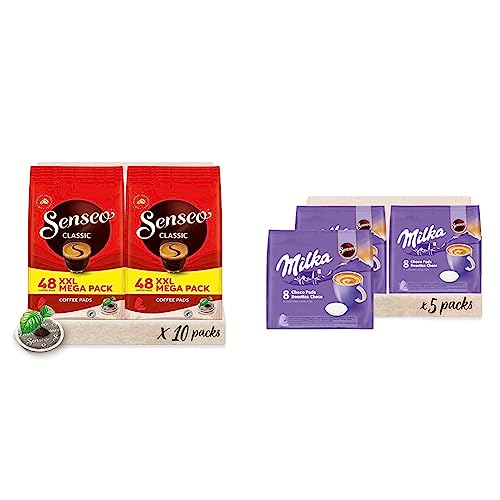 Senseo Pads Classic - Kaffee RA-zertifiziert - 10 Megapackungen XXL x 48 Kaffeepads & Milka Kakao Pads, 40 Senseo kompatible Pads, 5er Pack, 5 x 8 Getränke, 560 g von Senseo