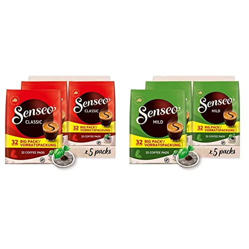 Senseo Pads Classic - Kaffee RA-zertifiziert - 5 Vorratspackungen x 32 Kaffeepads & ® Pads Mild - Milder Kaffee RA-zertifiziert - 5 Vorratspackungen x 32 Kaffeepads von Senseo