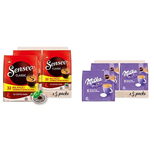 Senseo Pads Classic - Kaffee RA-zertifiziert - 5 Vorratspackungen x 32 Kaffeepads & Milka Kakao Pads, 40 Senseo kompatible Pads, 5er Pack, 5 x 8 Getränke, 560 g von Senseo