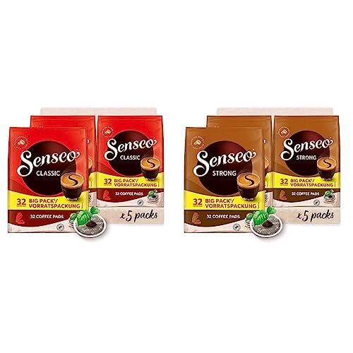 Senseo Pads Classic - Kaffee RA-zertifiziert - 5 Vorratspackungen x 32 Kaffeepads & Pads Strong - Aromatischer Kaffee RA-zertifiziert - 5 Vorratspackungen x 32 Kaffeepads von Senseo