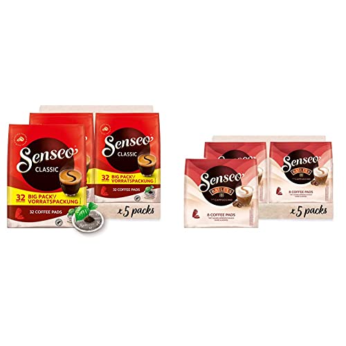 Senseo Pads Classic - Kaffee RA-zertifiziert - 5 Vorratspackungen x 32 Kaffeepads & Pads Typ Cappuccino Baileys, 40 Kaffeepads, 5er Pack, 5 x 8 Getränke, 460 g von Senseo