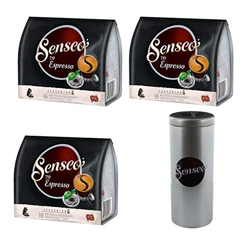Senseo Typ Espresso Kaffeepads, Röstkaffee, Kaffee, 3 x 16 Pads, mit Premium Paddose von Senseo