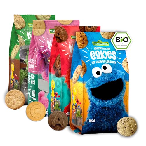 Sesamstrasse Probierpaket Bio Kekse, 4 x 125g Beutel, mit Krümelmonster Schokokekse, Elmo Dinkelkekse, Abby Haferkekse mit Vanille & Oskar Apfel-Zimt Kekse, Großpackung, bio Sesamstrasse Probierpaket Bio Kekse, 4 x 125g Beutel, mit Krümelmonster Schokokekse, Elmo Dinkelkekse, Abby Haferkekse mit Vanille & Oskar Apfel-Zimt Kekse, Großpackung, bio von Sesamstrasse