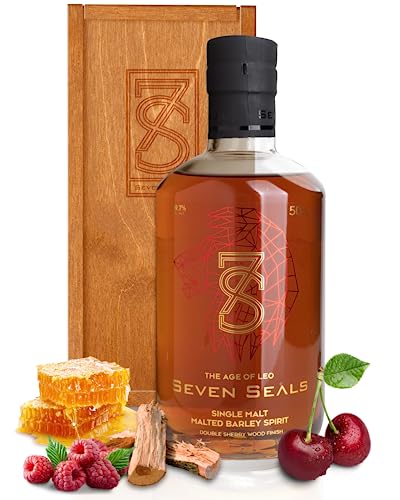 Seven Seals - The Age of Leo Premium Single Malt 0,5 I Geschenkset mit Holzbox I Wunderbar intensives & fruchtiges Aroma I Angenehm holziger Geschmack I 49,7 % Alkohol von Seven Seals