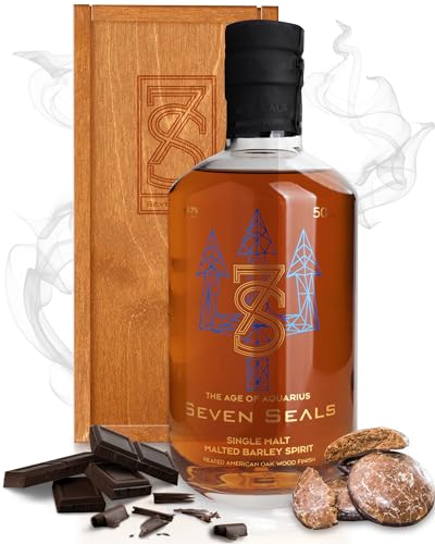 Seven Seals The Age of Aquarius Premium Single Malt 0,5 l Geschenkset mit Holzbox | Aroma & Geschmack Lebkuchen, dunkle Schokolade & Rauchig | Tolles Geschenk für Sternbild Wassermann | 49.7% Alkohol von Seven Seals