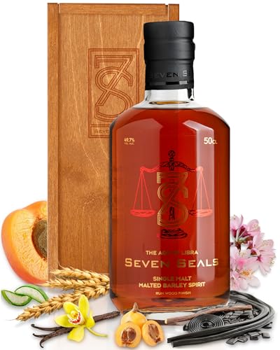 Seven Seals - The Age of Libra Premium Single Malt 0,5 I Geschenkset mit Holzbox | Geschmack & Aroma von Kirschblüte, Lakritz & Vanille | Passendes Geschenk für Sternbild Waage | 49.7% Alkohol von Seven Seals