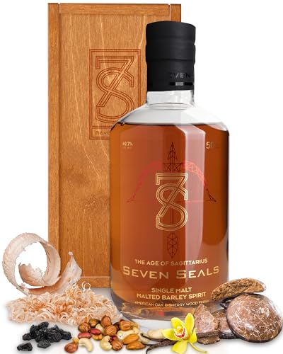 Seven Seals The Age of Sagittarius Premium Single Malt 0,5 l Geschenkset mit Holzbox | Aroma Vanille/Lebkuchen | Geschmack Nüsse, Holz & Rosinen | Tolles Geschenk für Sternbild Schütze | 49.7% Alkohol von Seven Seals