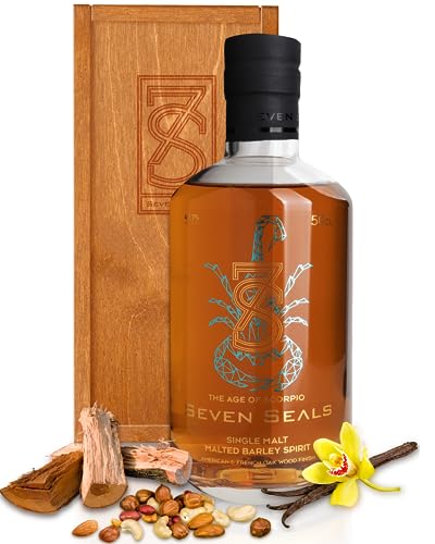 Seven Seals - The Age of Scorpio Premium Single Malt 0,5 I Geschenkset mit Holzbox | Geschmack & Aroma von Vanille, gerösteten Nüssen, Holz | Passendes Geschenk für Sternbild Skorpion | 49.7% Alkohol von Seven Seals