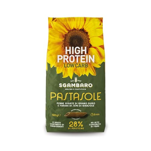 PASTASOLE Sgambaro, Penne Rigate mit Hartweizengrieß aus 100% italienischem Anbau und Sonnenblumenkernmehl - 500g - High Protein, Low Carb, Hoher Ballaststoffgehalt von Sgambaro