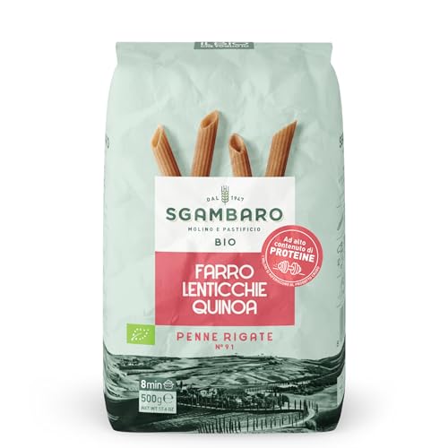 Sgambaro Bio Pasta Penne Rigate N.91-500 g mit Dinkelmehl, Linsenmehl und Quinoamehl – Hoher Proteingehalt, Quelle von Ballaststoffen und Eiweiß von Sgambaro