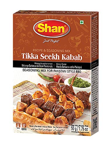 Shan Tikka Seekh Kabab Rezept- und Gewürzmischung, 50 g, Gewürzpulver für pakistanischen Grill, geeignet für Vegetarier, luftdichter Beutel in einer Box (24 Stück) von Shan