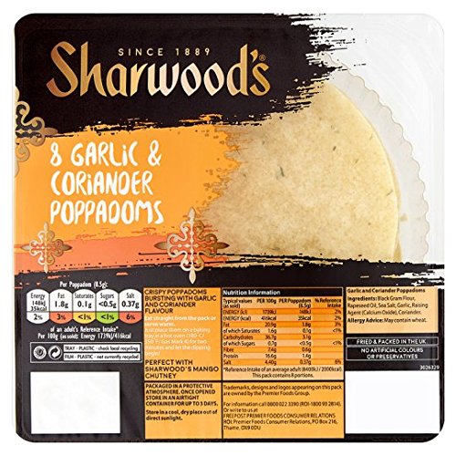 Sharwoods Knoblauch und Koriander Poppadom 8 Stück Sharwoods Knoblauch und Koriander Poppadom 8 Stück von Sharwood's