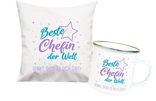 ShirtInStyle, Geschenkset, beste Chefin der Welt, danke das es dich gibt! Kissen- und Emaille Tasse als Set Farbe weiß von Shirtinstyle