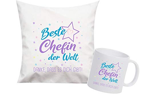 ShirtInStyle, Geschenkset, beste Chefin der Welt, danke das es dich gibt! Kissen- und Tasse als Set Farbe weiß von Shirtinstyle